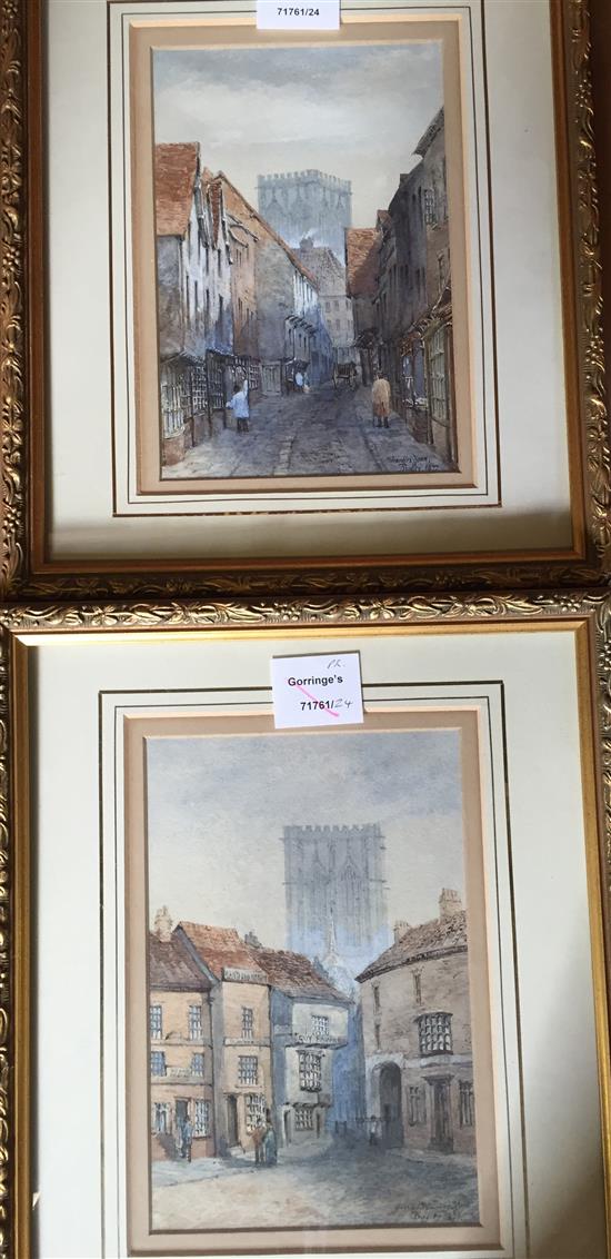 Thomas Dudley, pair of watercolours, Shambles, York and Mucky Peg Lane, York both signed and dated 1877